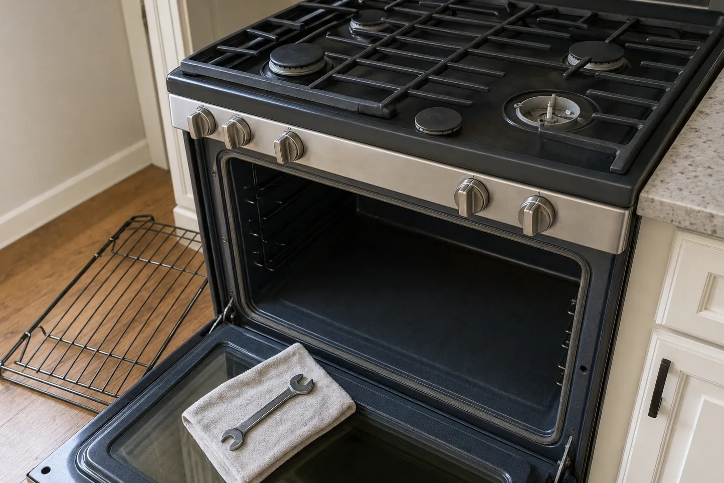 Gas range from above with two burner caps resting on the grate and the igniter of an uncapped burner in view