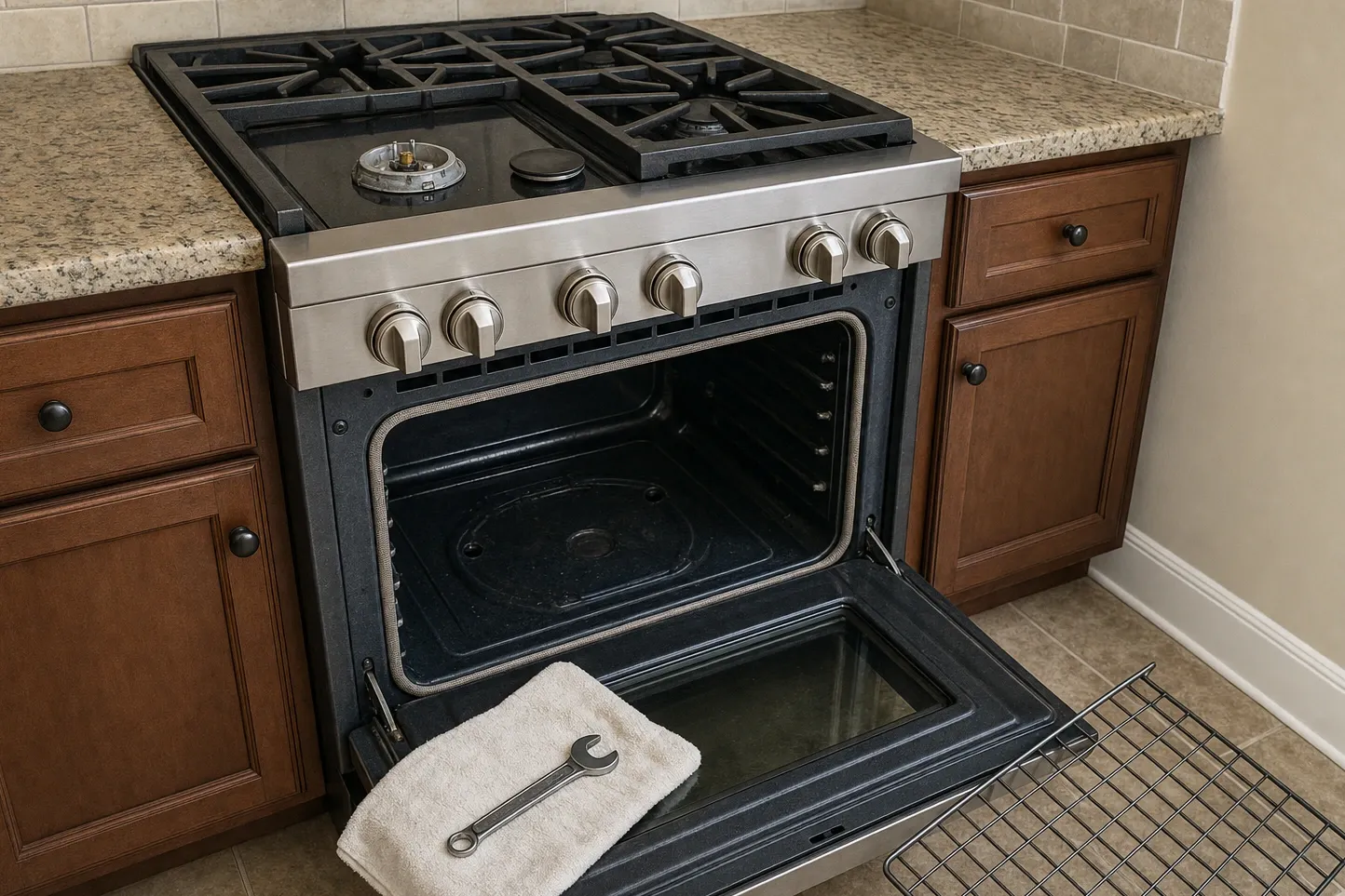 Open oven door showing the braided door seal round the cavity and the round bake-burner cover plate inside