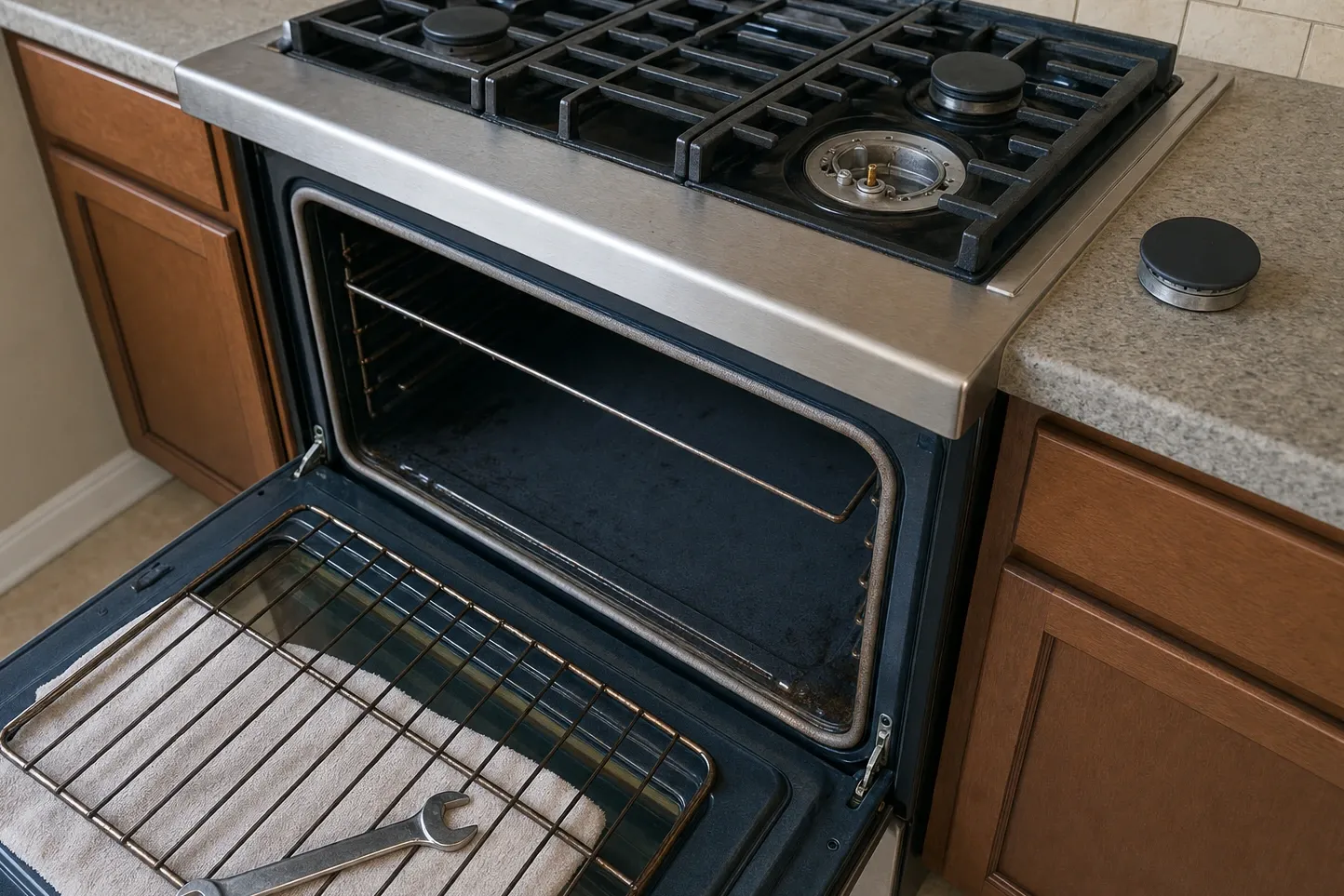 Close view of an uncapped gas burner showing the brass orifice screwed into its fitting, with the cap on the granite worktop and a wrench folded into a towel below