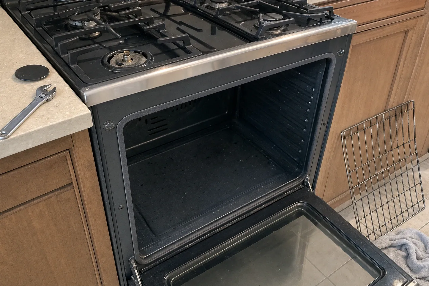 Three-quarter view of a stainless cooker in wood cabinetry with one burner uncapped, an adjustable wrench on the worktop and a chrome rack leaning against the unit