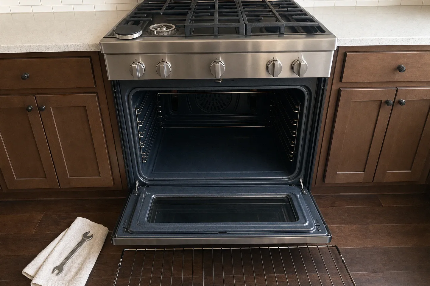 Broad stainless front with the door lowered flat and the cooking cavity stripped bare, a folded towel and a wrench on the dark floorboards to the left