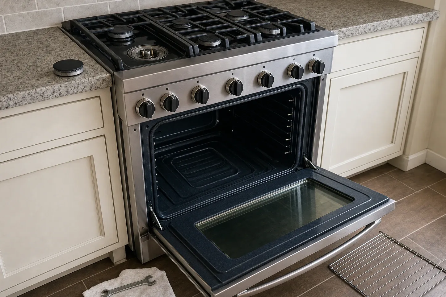 Wide stainless cooker with seven control knobs across the fascia, one burner opened on the hob, its cap on the worktop and the cooking cavity standing open below